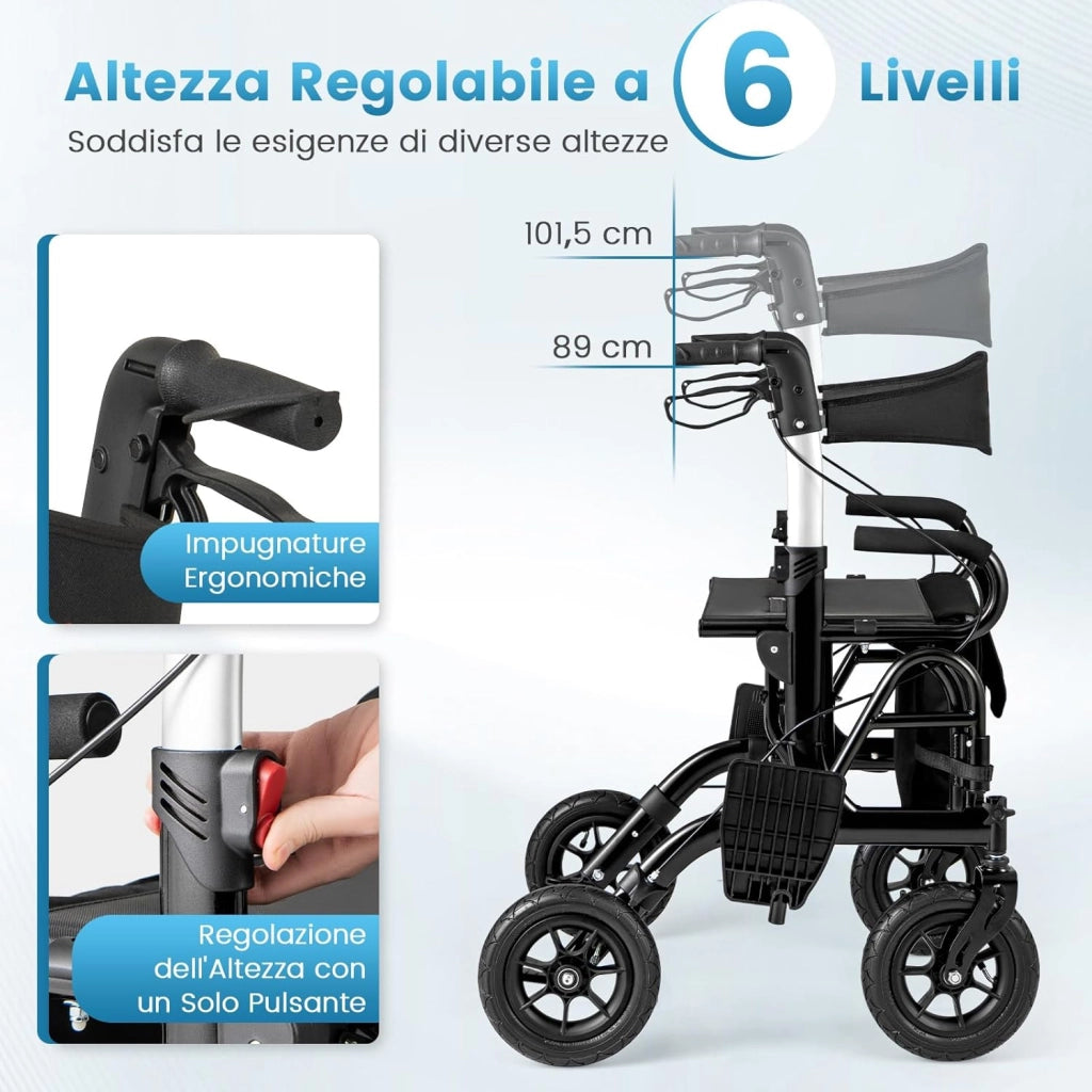 2 in 1 Deambulatore Pieghevole e Sedie a Rotelle per Anziani in Alluminio, Rollator Altezza Regolabile con Seduta e Freni, Girello per Anziani con Ruote Robuste, Carico Massimo 140 kg (Nero)