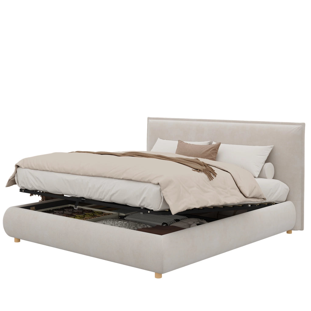 Letto matrimoniale contenitore 180x200 cm in velluto crema con rete a doghe e testiera