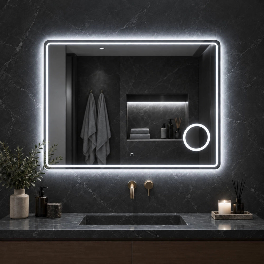 Specchio 5mm rettangolare smussato cornice led interruttore touch lente *** misure 90x70 cm, tonalità dimmerabile 27...
