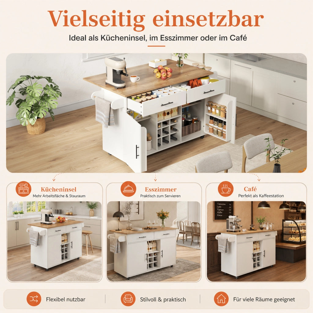 Mobile base da cucina con piano pieghevole; ruote; 2 cassetti e portabottiglie bianco 120 × 45 × 84 cm