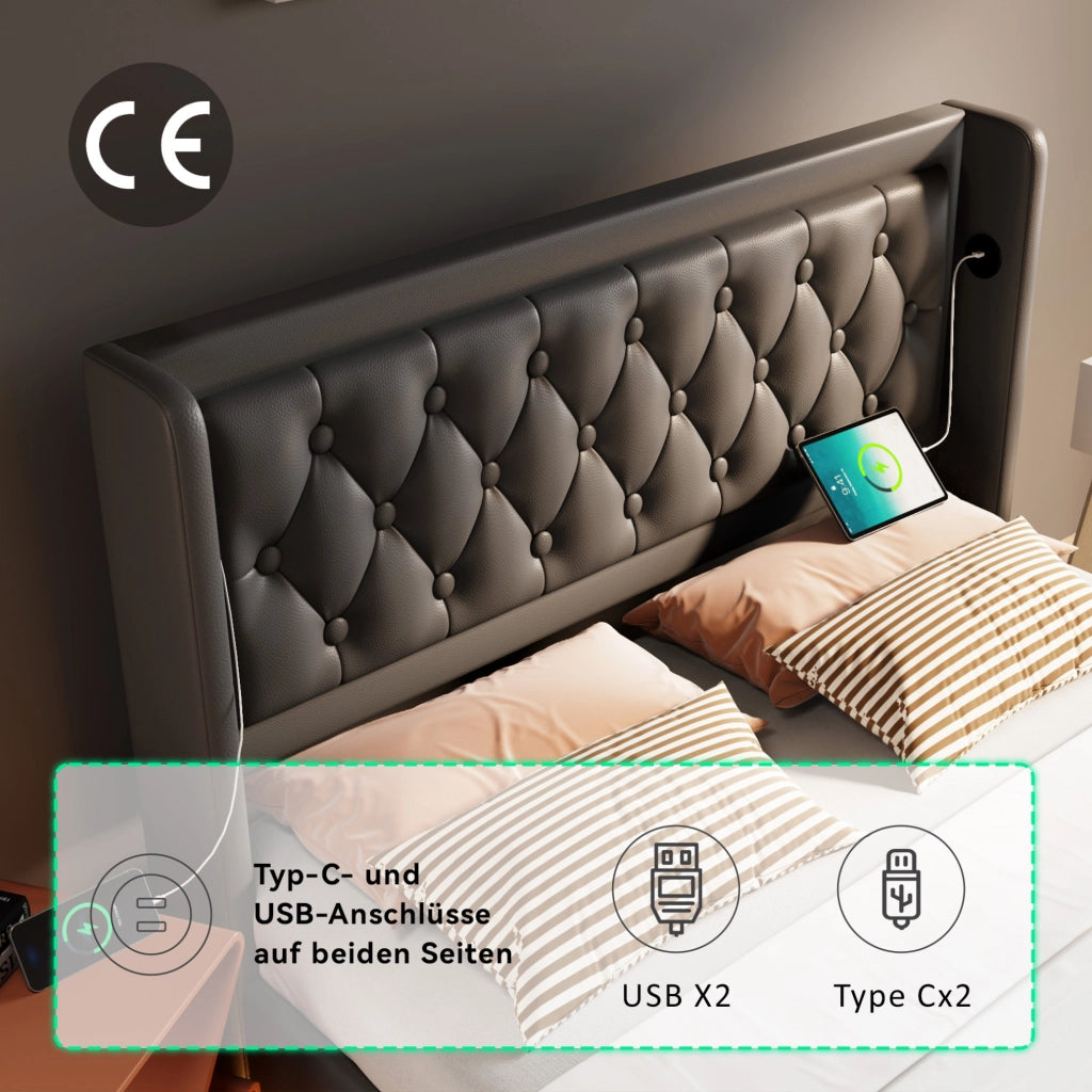 Letto matrimoniale 180x200 cm con contenitore; LED e USB-C; struttura in PU nero
