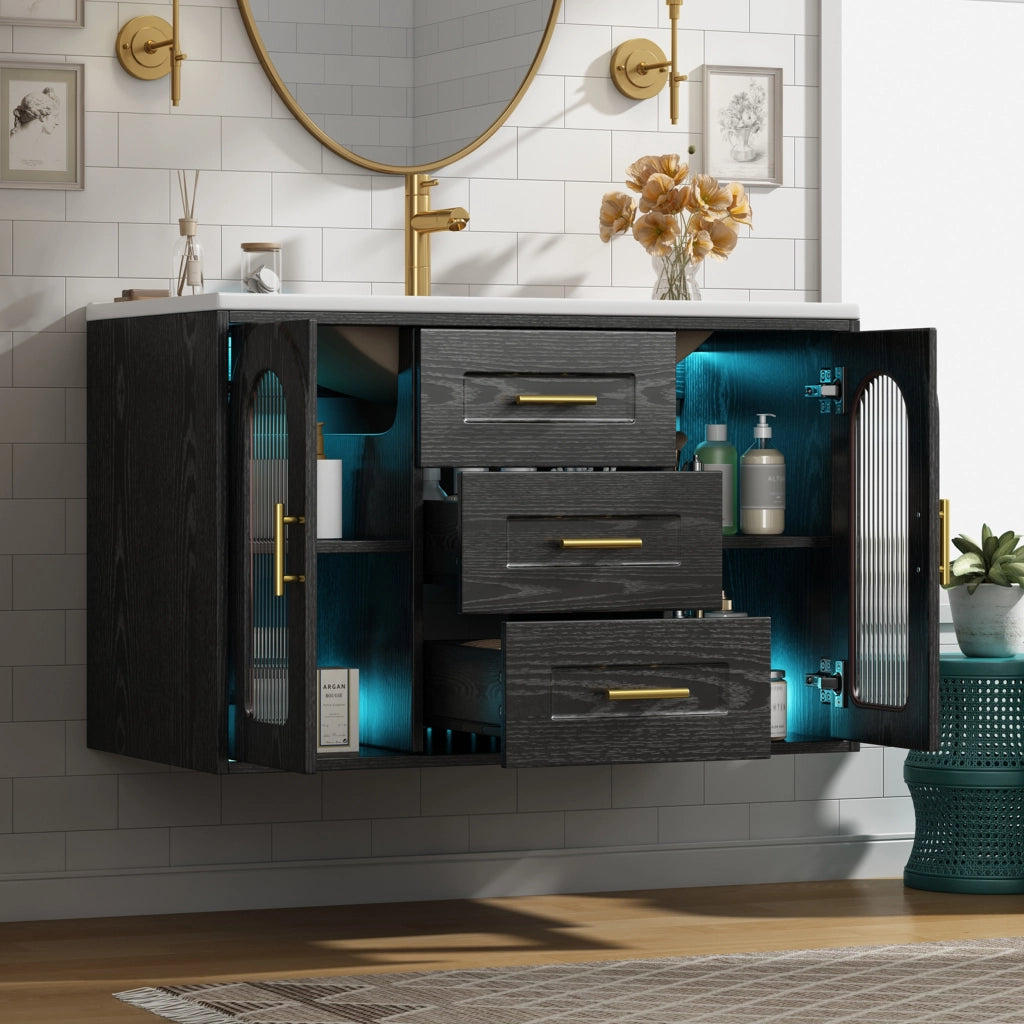 Mobile bagno sospeso 76 cm con lavabo in ceramica, LED e vetro rigato nero