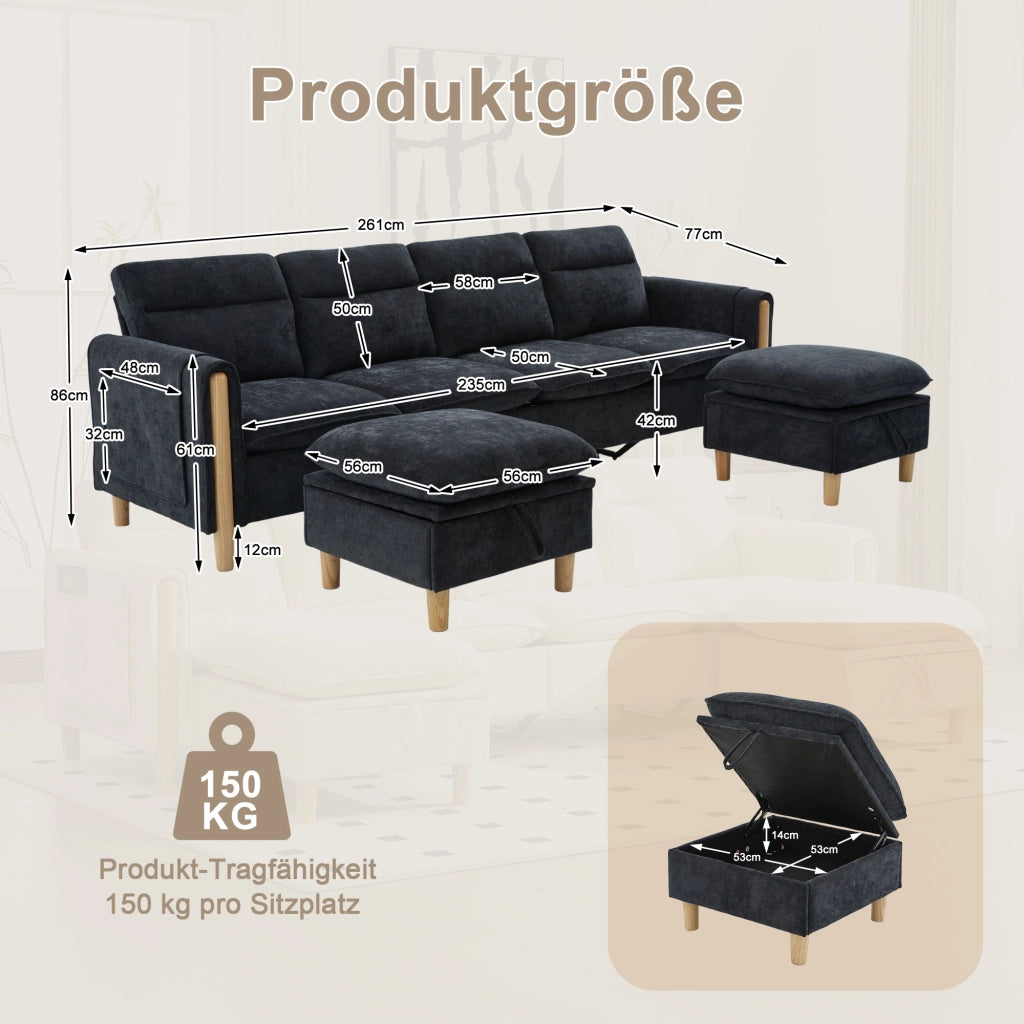 Divano modulare 4 posti - con 2 pouf contenitore e tasche laterali - in chenille nero