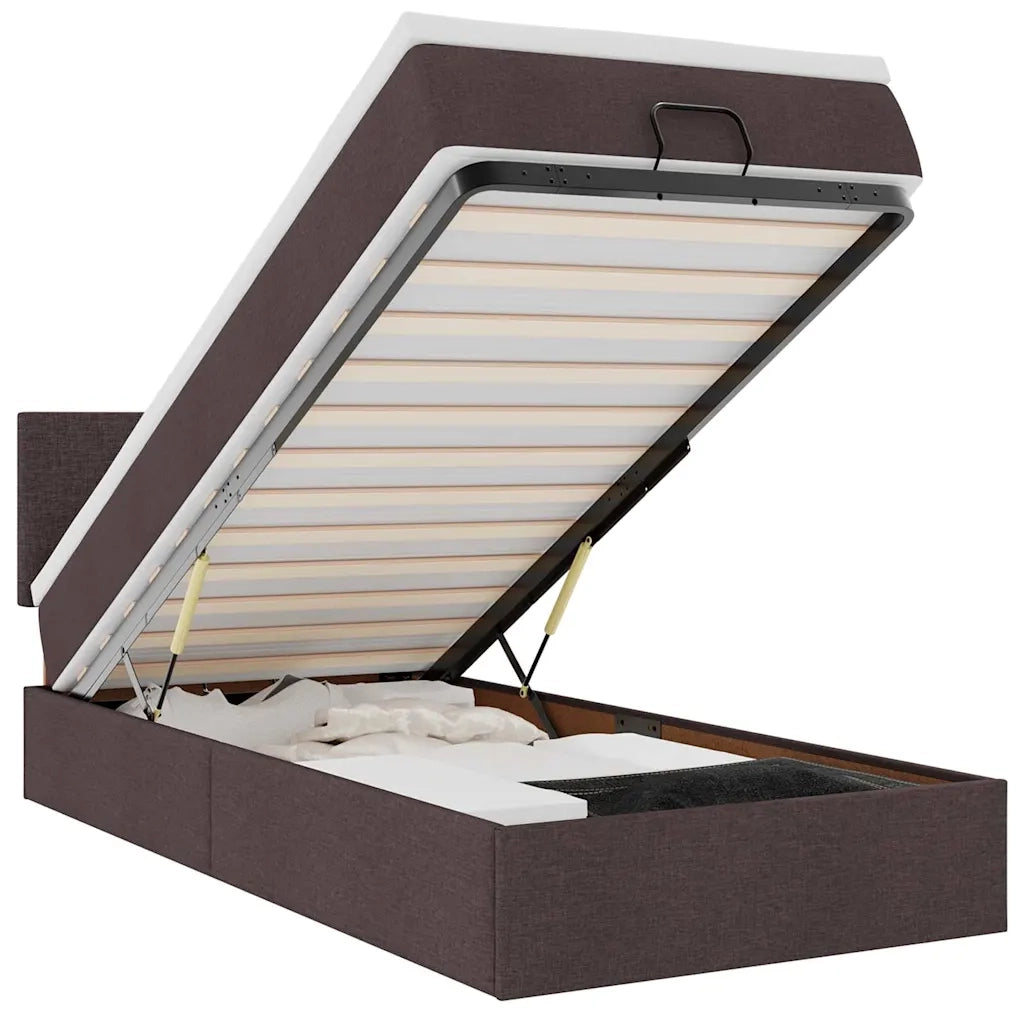 Pouf Letto con Materasso e LED Marrone Scuro 90x200 cm Tessuto
