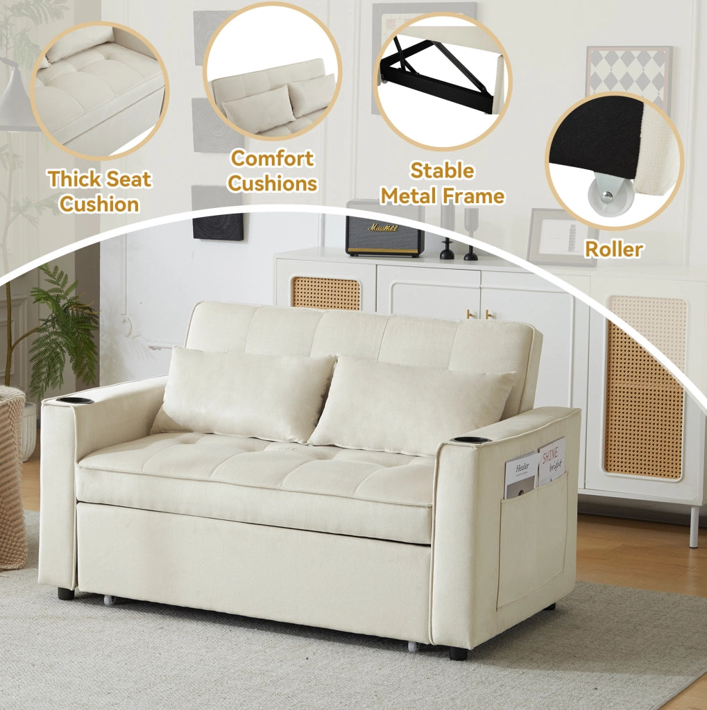 Divano letto ULEVR 137 cm in velluto beige, schienale regolabile a 3 posizioni con portabevande e tasche laterali