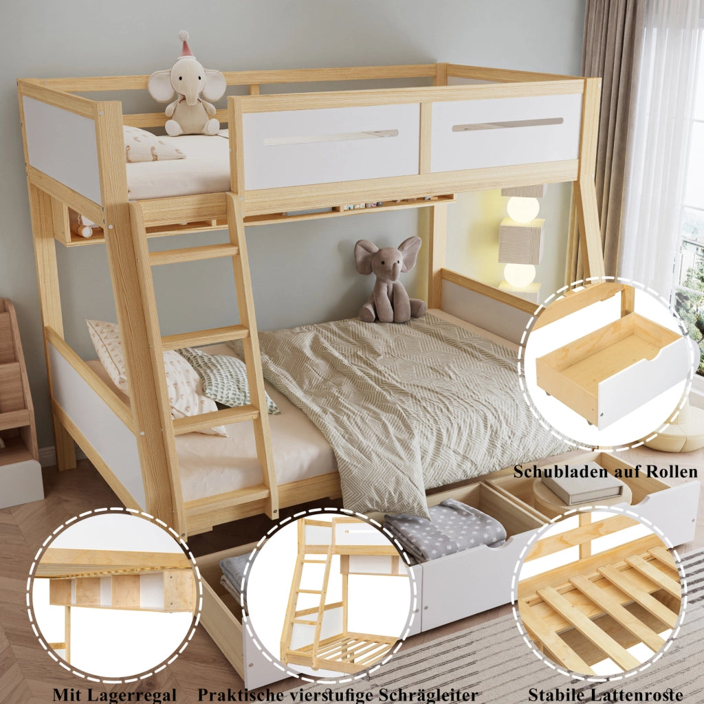Letto a castello per bambini 90x200 e 120x200 cm bianco naturale