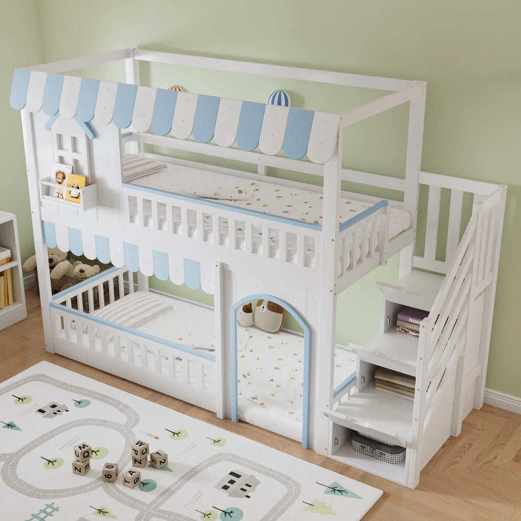 Letto a soppalco 90 × 200 cm con scala contenitore a tre gradini; rete a doghe e barriere; legno bianco e blu