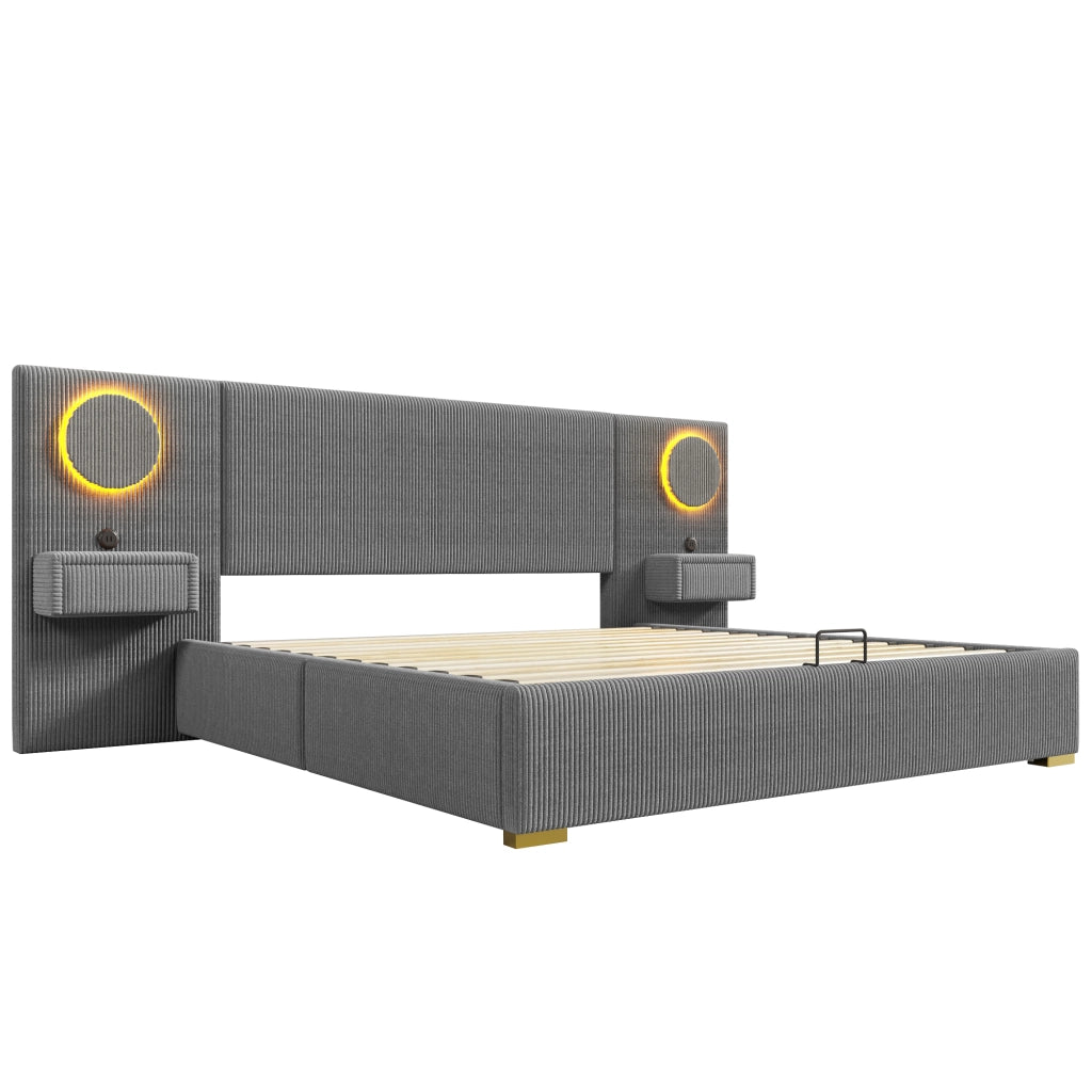 Letto matrimoniale imbottito 180x200 cm in velluto grigio con LED; USB e vano contenitore