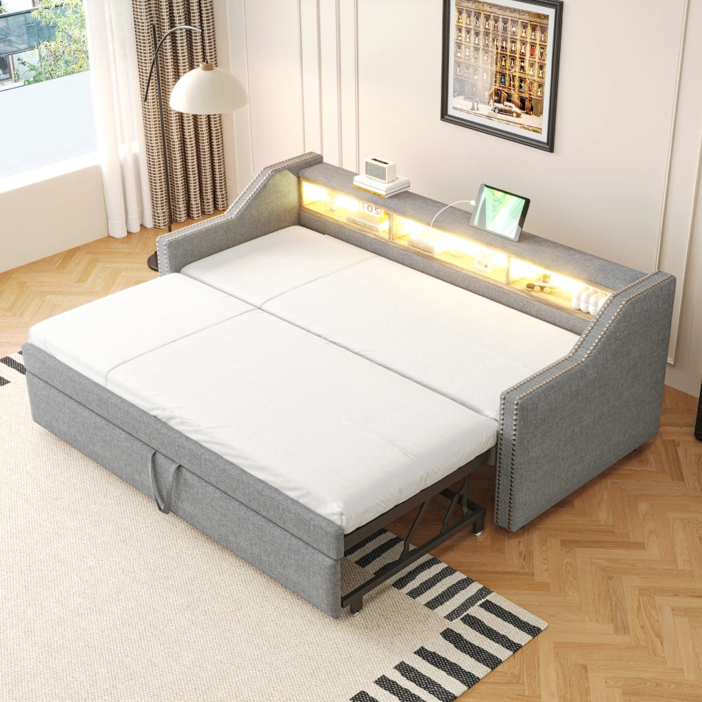 Divano letto imbottito estraibile 90 × 190 cm con rete a doghe LED USB grigio chiaro