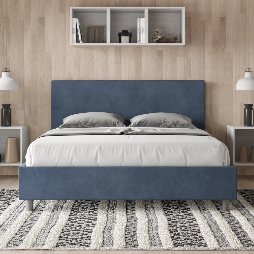 BS COM Letto queen size contenitore imbottito 150x200 microfibra blu