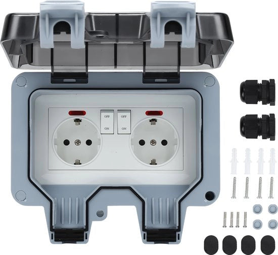 Contatto esterno 2 pezzi IP66 - Contatto esterno per giardino - Scatola di contatto per parete Scatola di contatto per installazione con coperchio ripiegabile Contattori esterni impermeabili - Resistenti alle intemperie 2 compartimenti