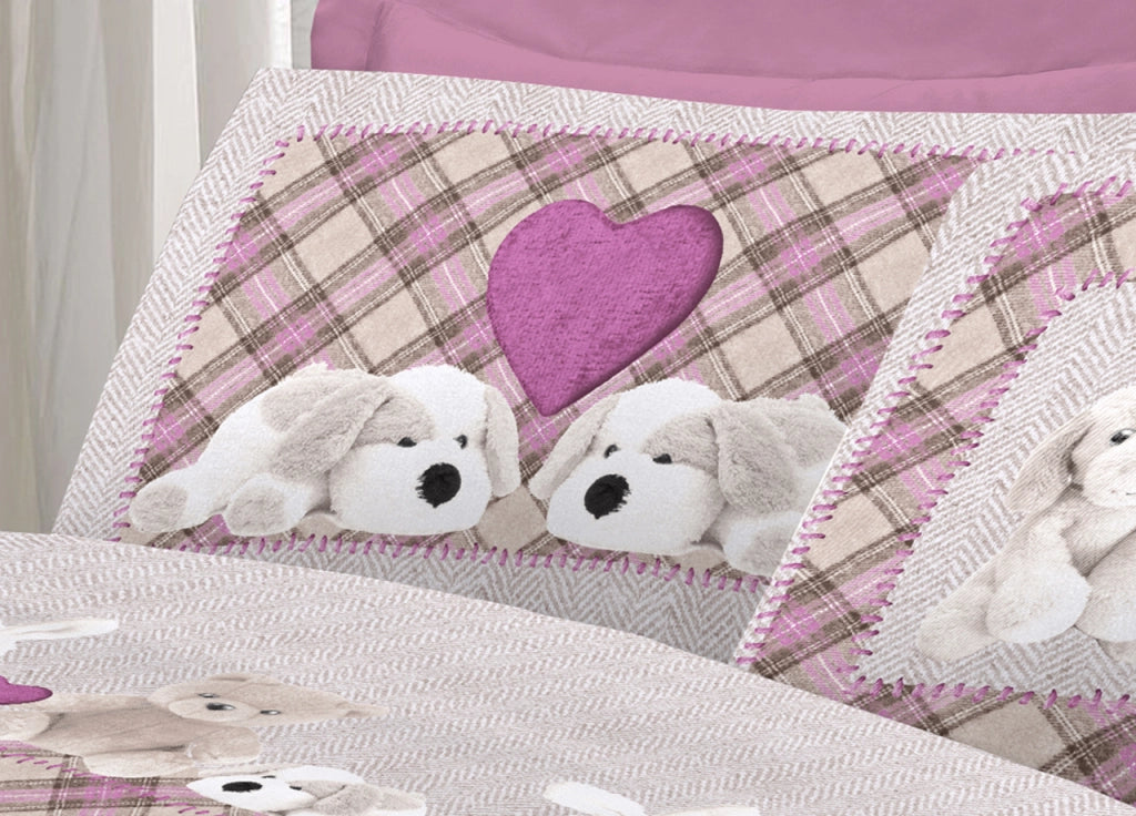 Completo Lenzuola Flanella Pensieri Delicati 100% Cotone Dis. Peluches Rosa - Singolo - Rosa