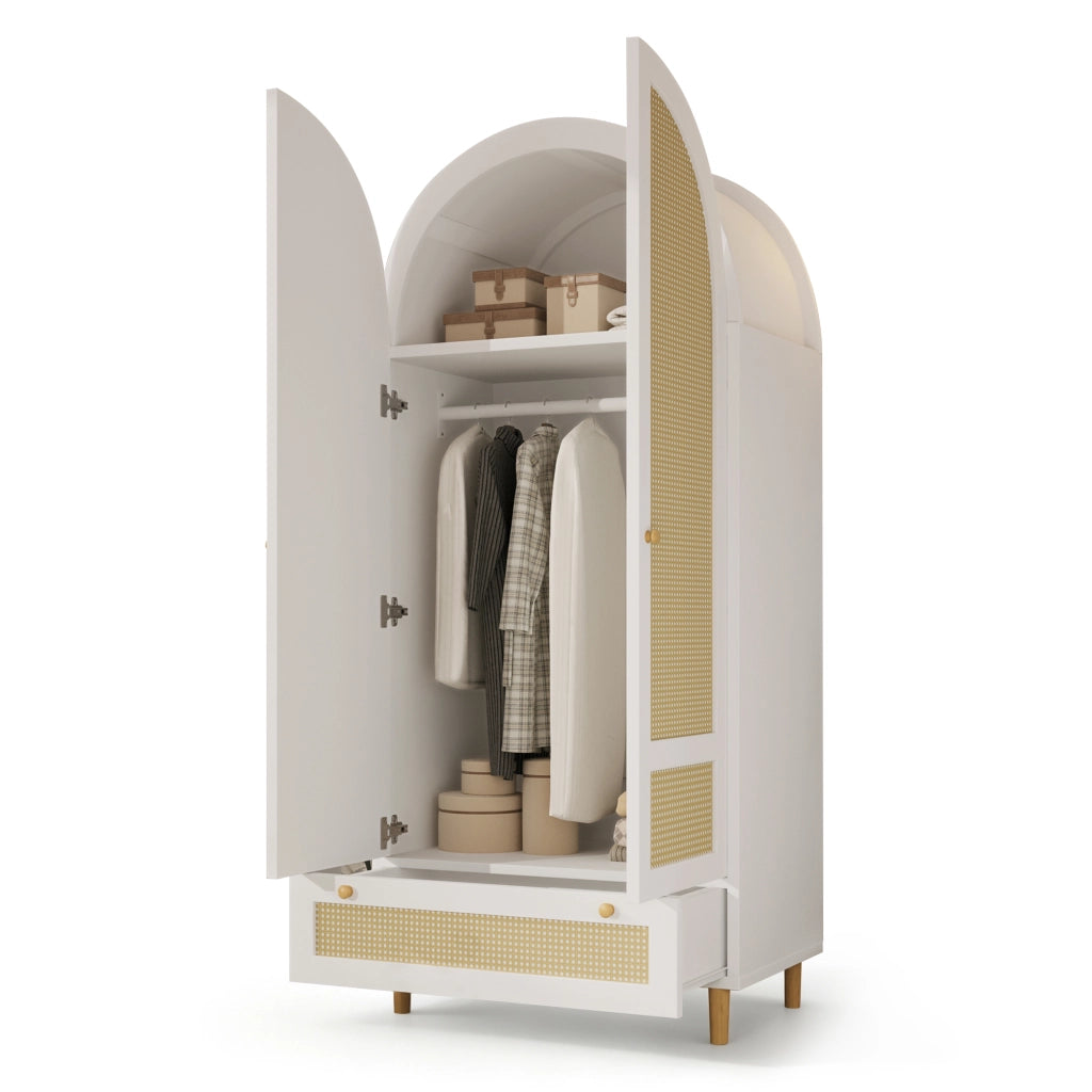 Armadio Bianco 80x50x180 cm in MDF con Design ad Arco; Bastone Appendiabiti e Cassetto per Camera da Letto