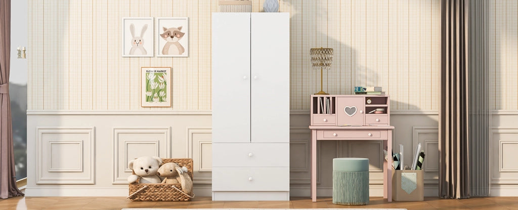 Armadio singolo 70x40x170 cm con due cassetti, design bicolore bianco e rosa