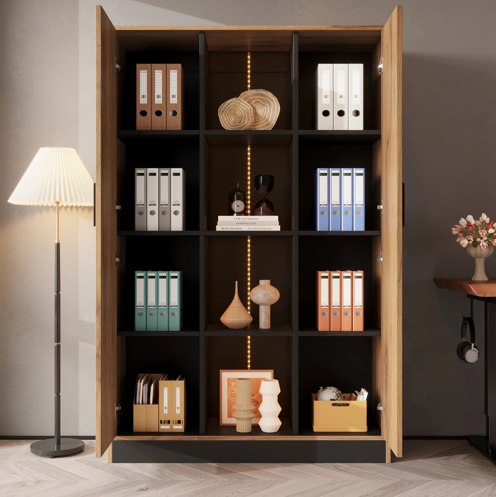 Vetrina 95x35x160 cm con LED controllabile via app; 2 ante e ripiani regolabili; rovere e nero