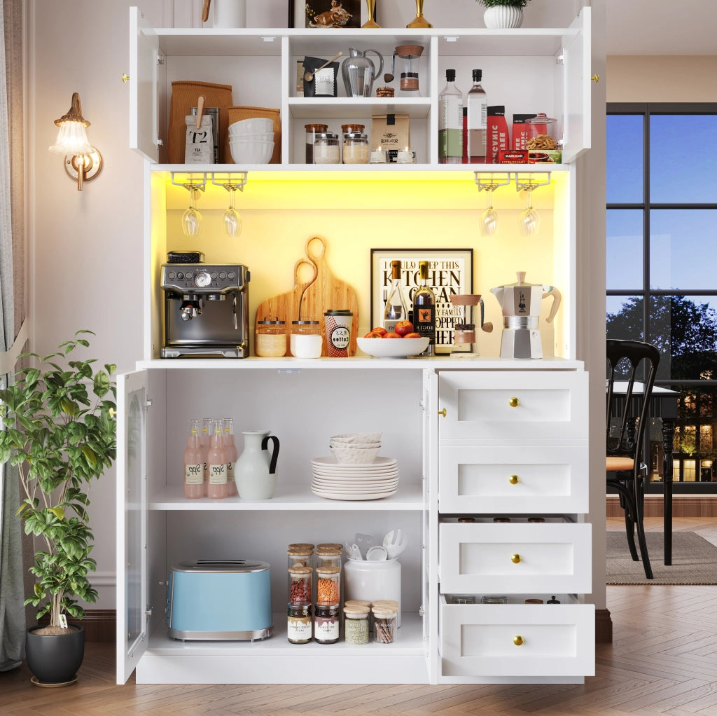 Credenza da cucina bianca con LED e vetro, 120x40x188 cm