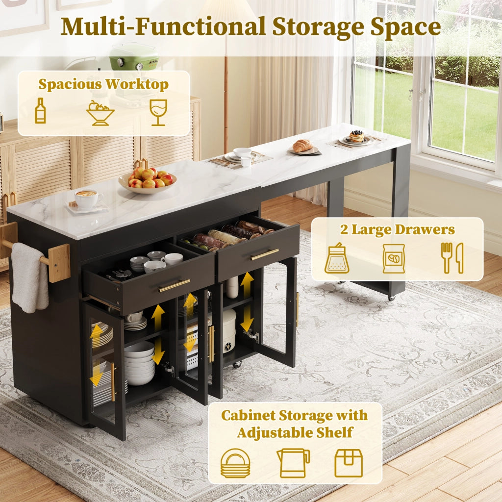 Tavolo alto da cucina estraibile con mobili contenitore; ripiani regolabili; ruote e freni in MDF nero 132.5–217 × 50 × 93 cm