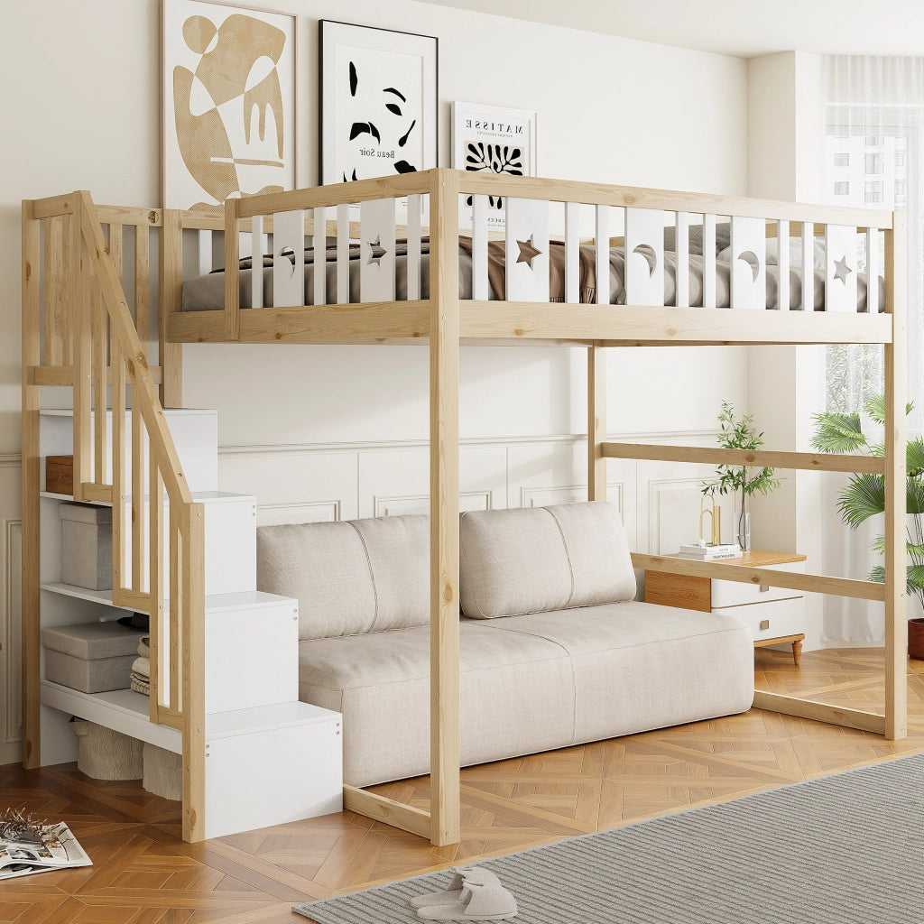 Letto a soppalco per bambini 140 × 200 cm con scala ripiani area divano e decorazioni luna e stelle in legno