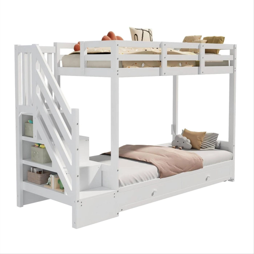 Letto a Castello per Bambini 90x200 cm con Scaletta e 2 Cassetti, Bianco, senza Materasso