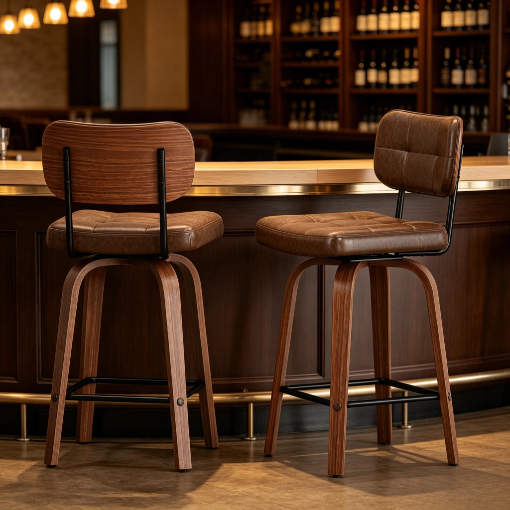 SGABELLO DA BAR con schienale ergonomico, noce, PU e legno