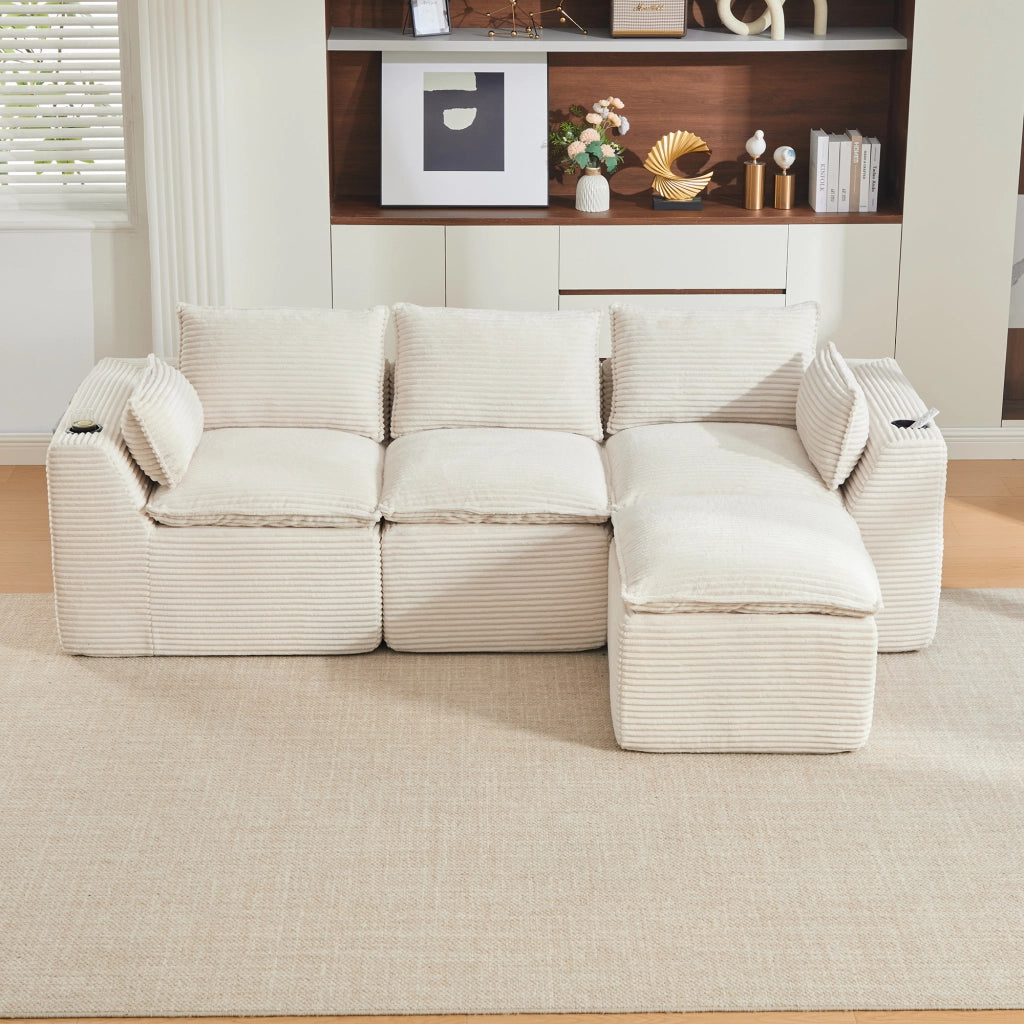 Divano modulare 3 posti - con cuscini e tasche laterali - in corduroy beige