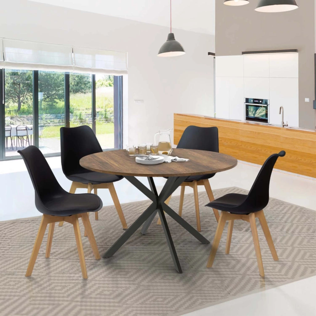 IDMarket - HAWKINS Mesa de comedor redonda para 6 personas con patas de araña negras y de madera antigua 110 cm