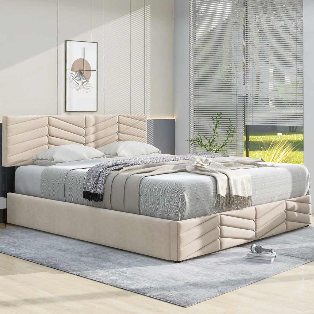 Letto matrimoniale imbottito 140 × 200 cm 2 posti con testiera regolabile, senza materasso, in velluto beige