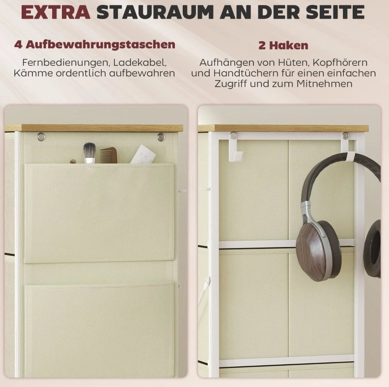 Comò con 8 cassetti in tessuto, struttura in acciaio e 4 tasche laterali beige, 86x30x94,5 cm