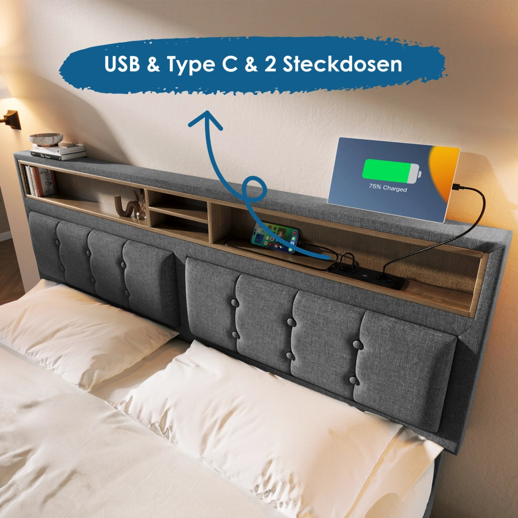 DESMIU Lit coffre 140 × 200 cm 2 posti con USB, Type-C e prese, testiera regolabile, senza materasso, grigio