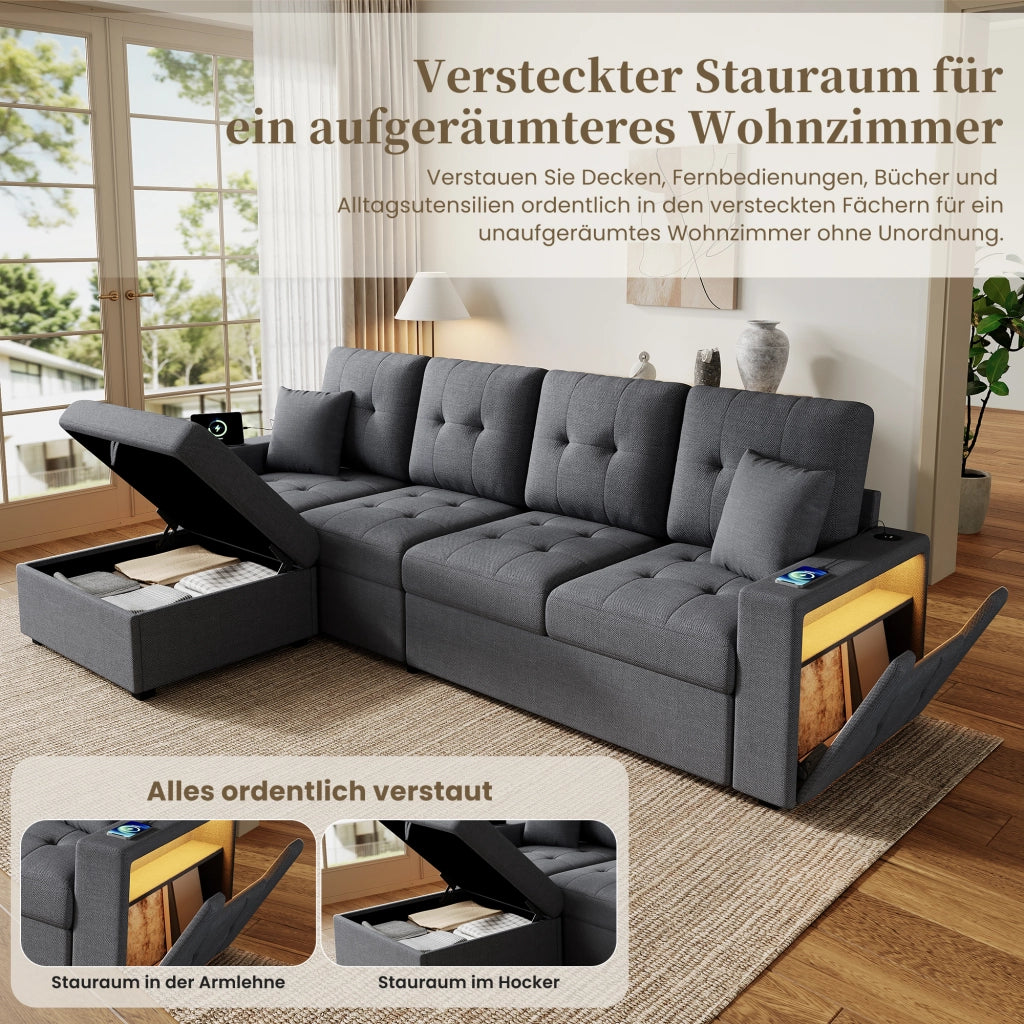 Divano ad angolo modulare in L 253x144;5x80;7 cm; divano con pouf portabagagli estraibile; braccioli; prese di ricarica; LED; lino; grigio