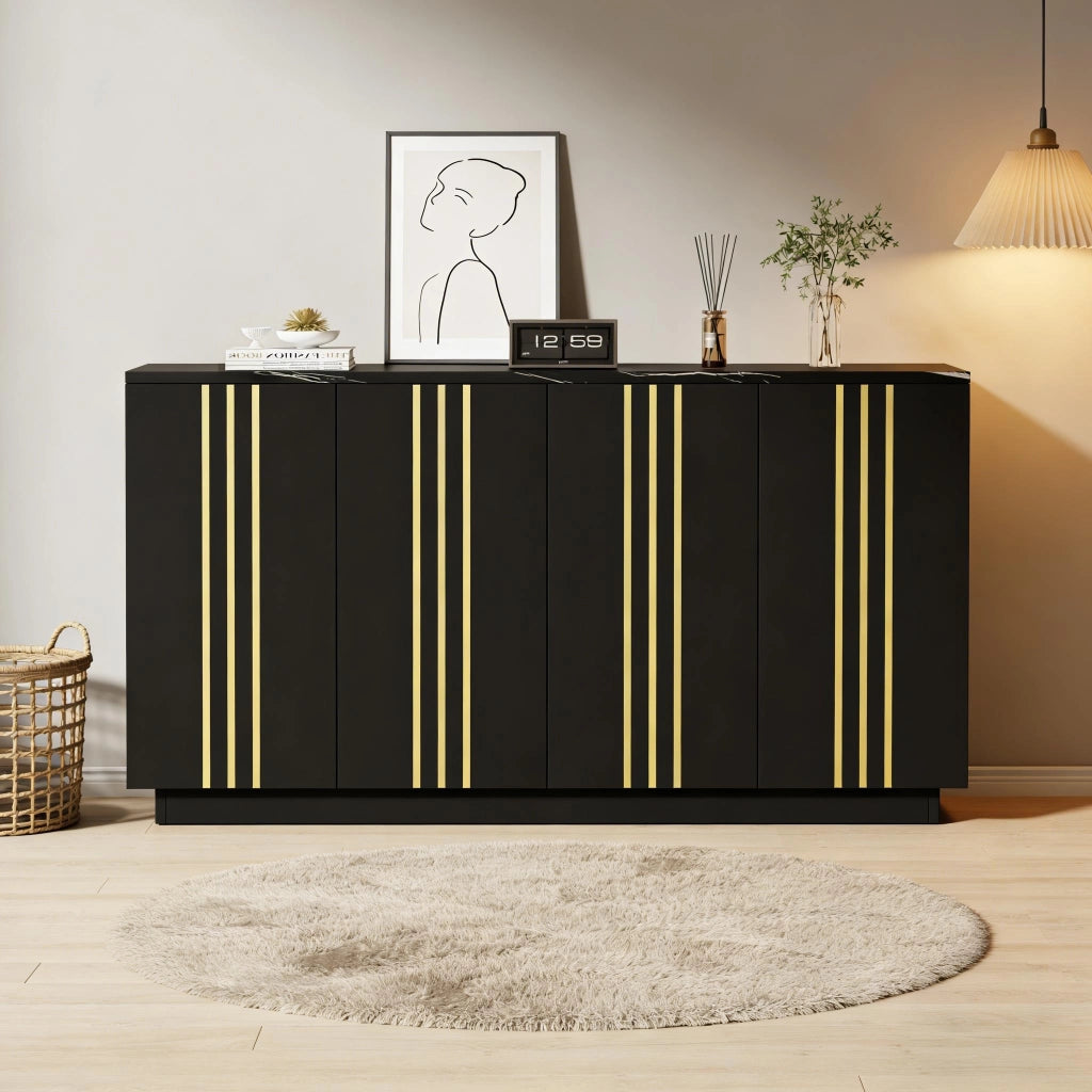 Credenza Soggiorno Nera e Oro 140 cm con 4 Ante e Ripiani Regolabili