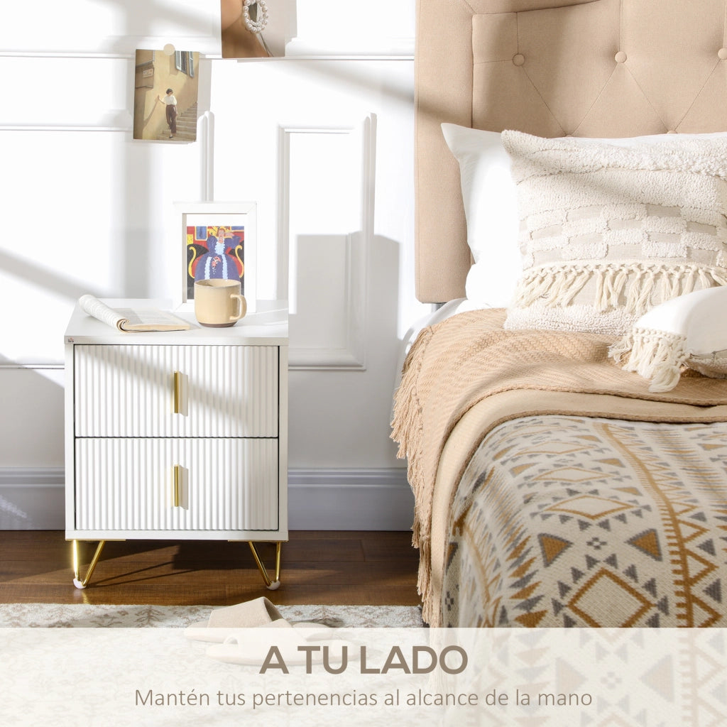 Comodino con 2 cassetti ¨C Xylo ¨C Bianco con gambe in metallo 40x40x47 cm