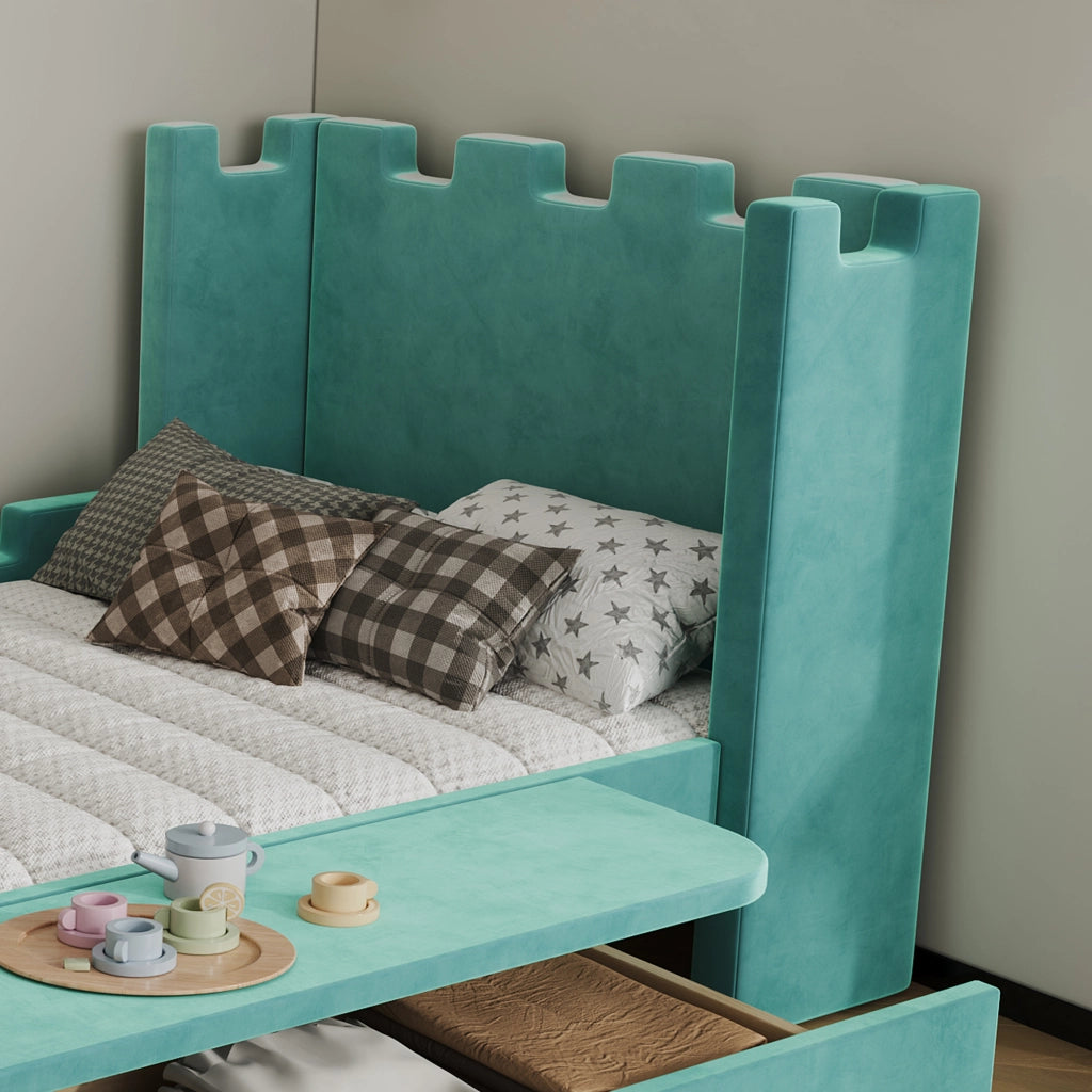 Letto singolo 90 × 200 cm con cassetto estraibile e ripiano laterale pieghevole in velluto francese blu verde