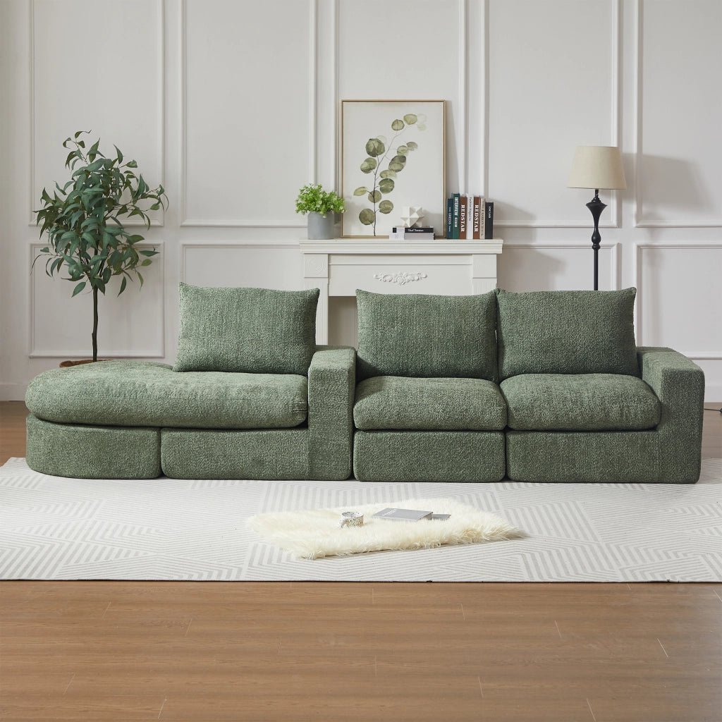 Divano angolare modulare in ciniglia verde con chaise longue reversibile e cuscini 251 × 160 × 81 cm