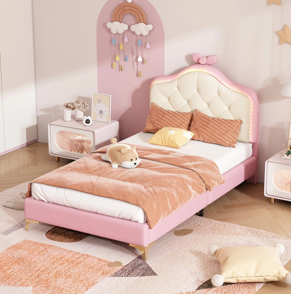 Letto singolo imbottito 90x200 cm rosa e bianco con LED multicolore