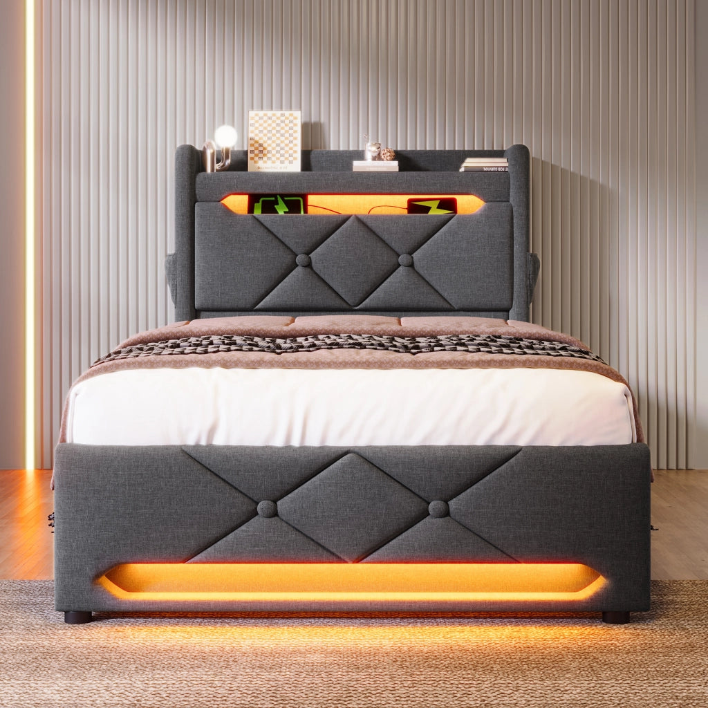 Letto singolo 90x200 cm con contenitore, LED 360¡ã, testiera con USB e Type C, grigio
