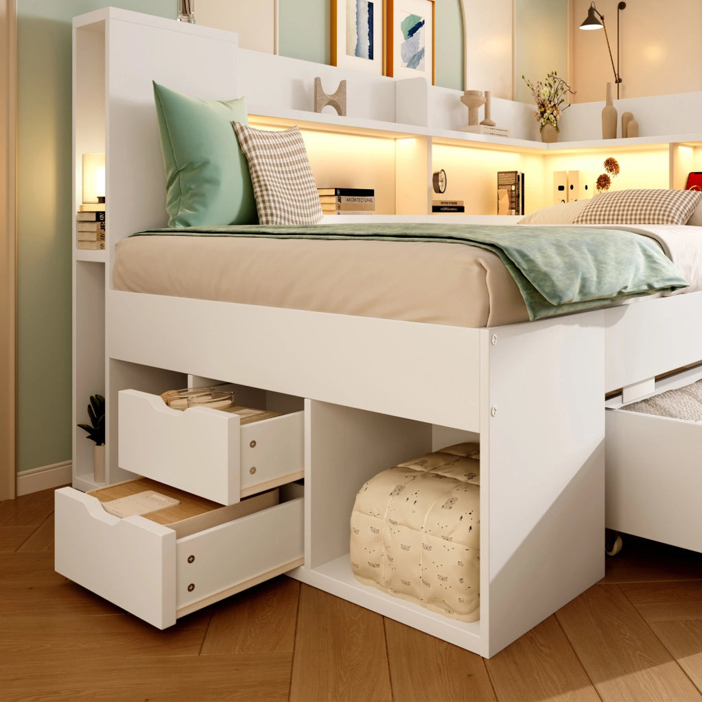 Letto singolo 90x200 cm bianco con LED, USB/Type-C, cassetti e ripiani