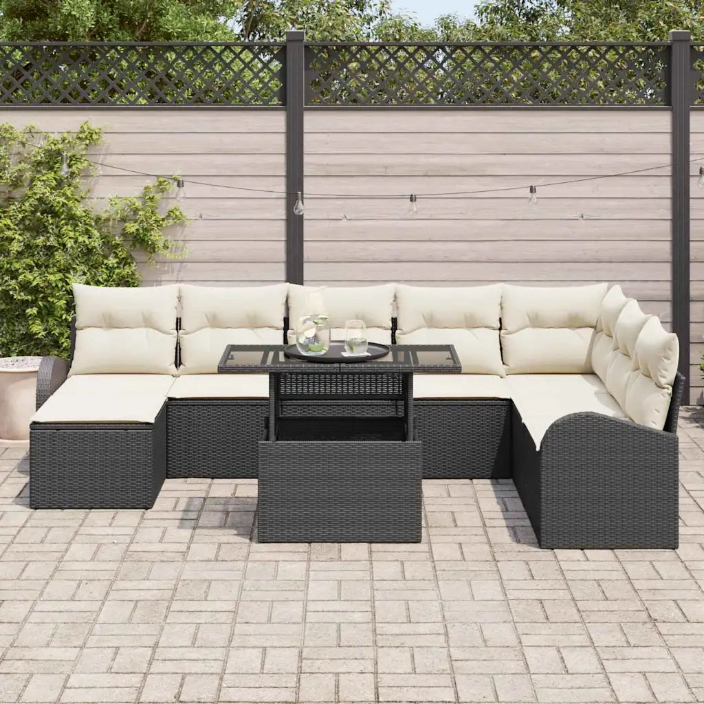 Set Divano da Giardino con cuscino 9 pcs Nero e crema