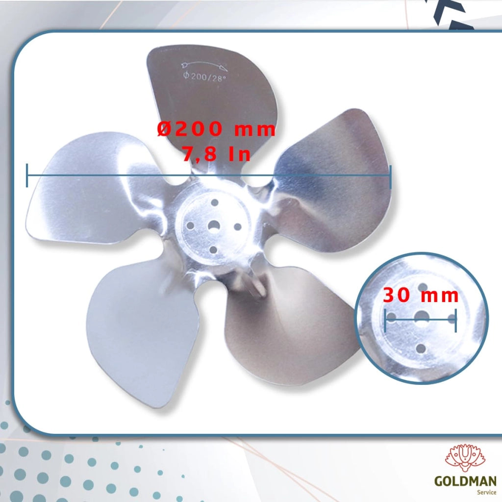 Pale del ventilatore in alluminio, diametro 200 mm, 5 pale, inclinazione di 28°