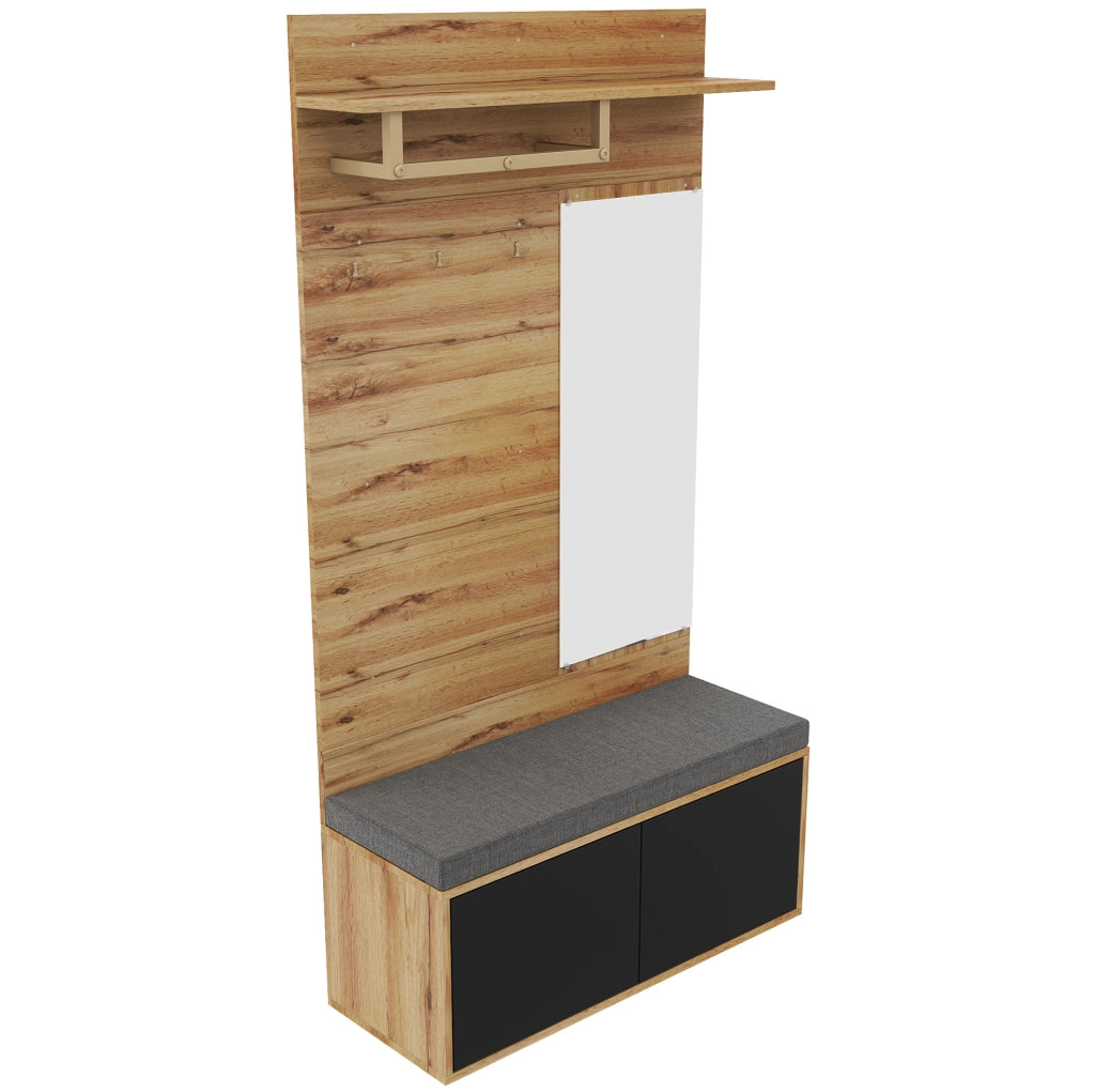 Guardaroba compatto da ingresso nero e legno con specchio
