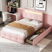 Letto Singolo 90x200 Imbottito Rosa con Luci LED e 2 Cassetti