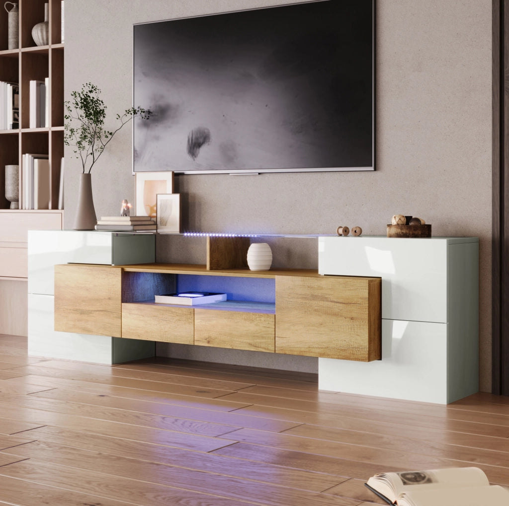 Mobile TV 200 cm con LED multicolore in MDF e truciolare bianco lucido e color legno