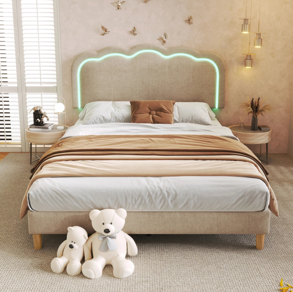 Letto imbottito LED beige 140 x 200 cm con testiera regolabile