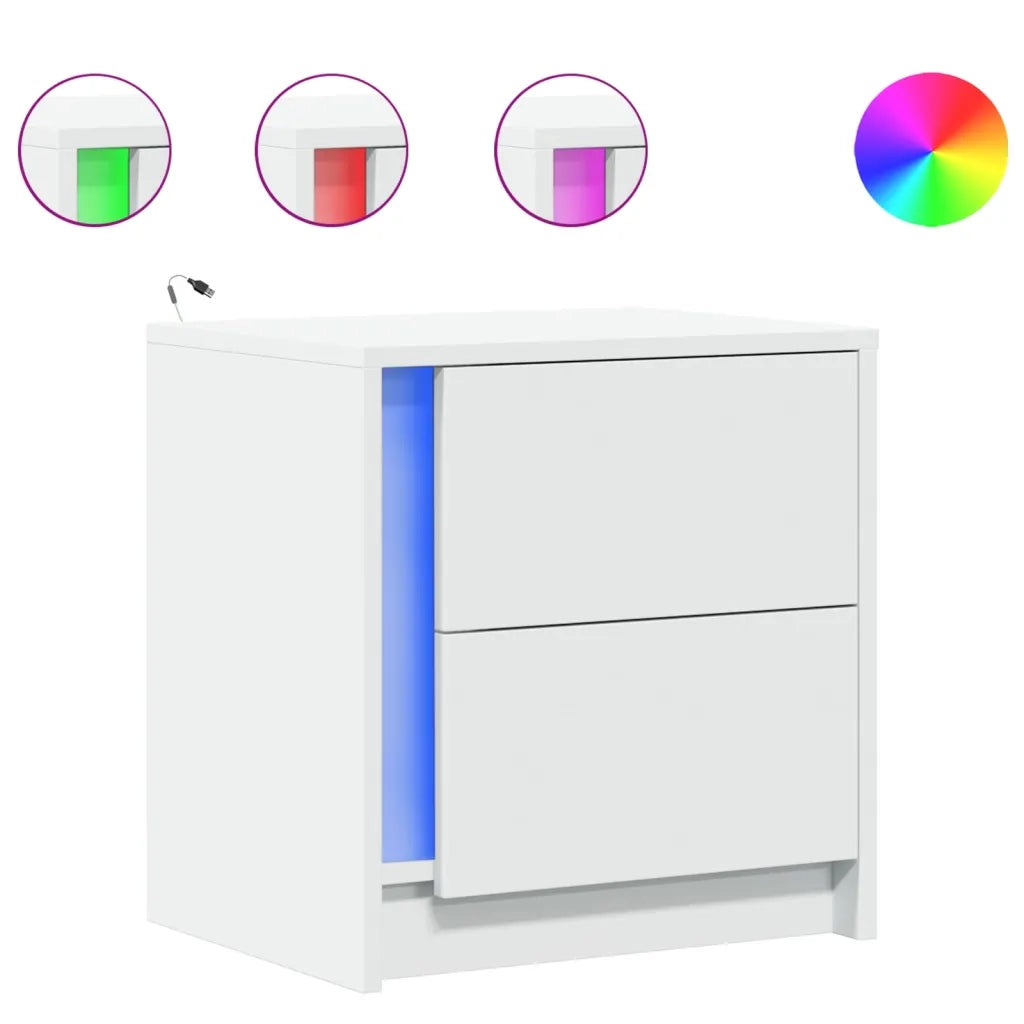 Comodino con Luci LED-Tavolino da notte Bianco in Legno Multistrato 734886