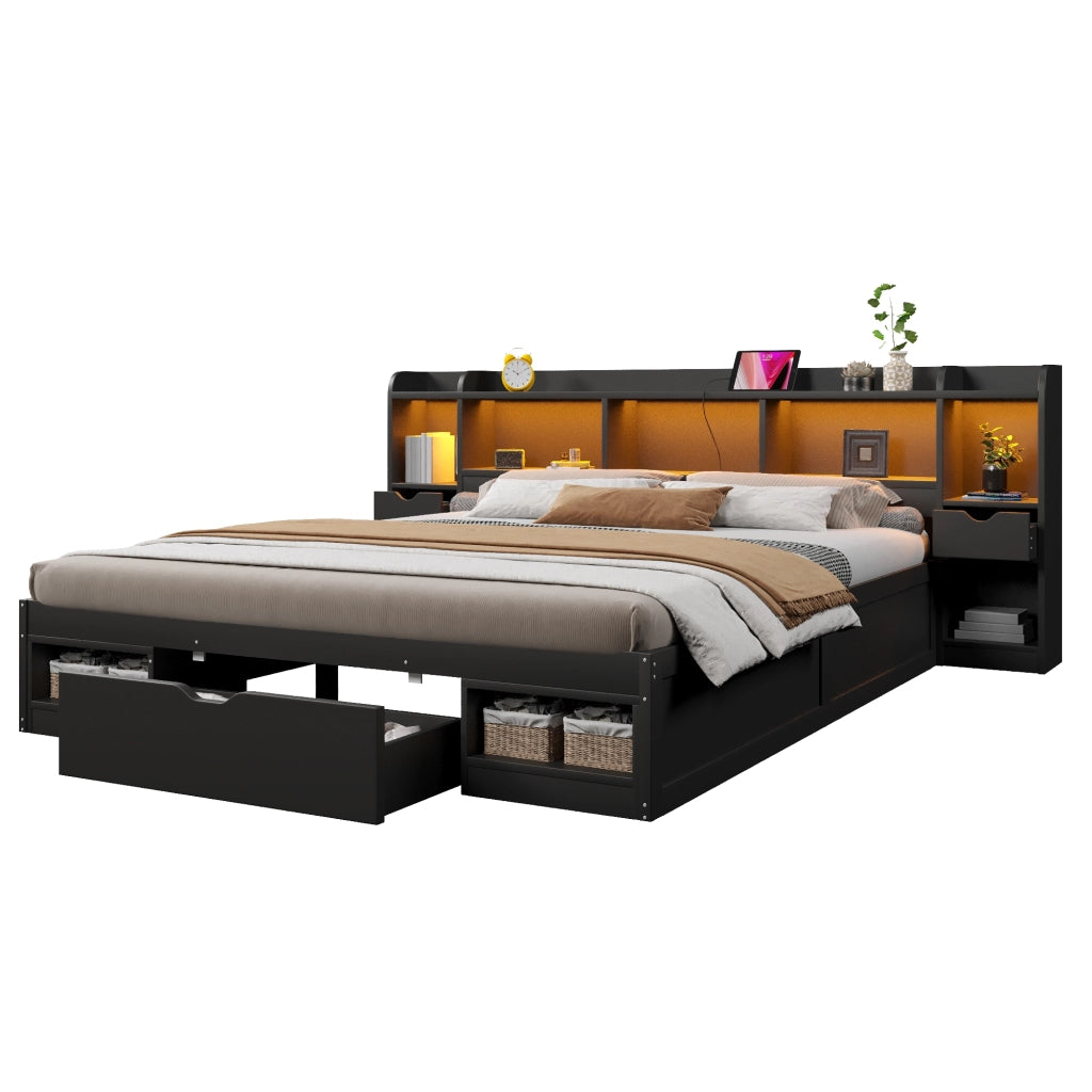 Letto con 3 cassetti e LED ¨C Minimal ¨C Nero 180x200cm