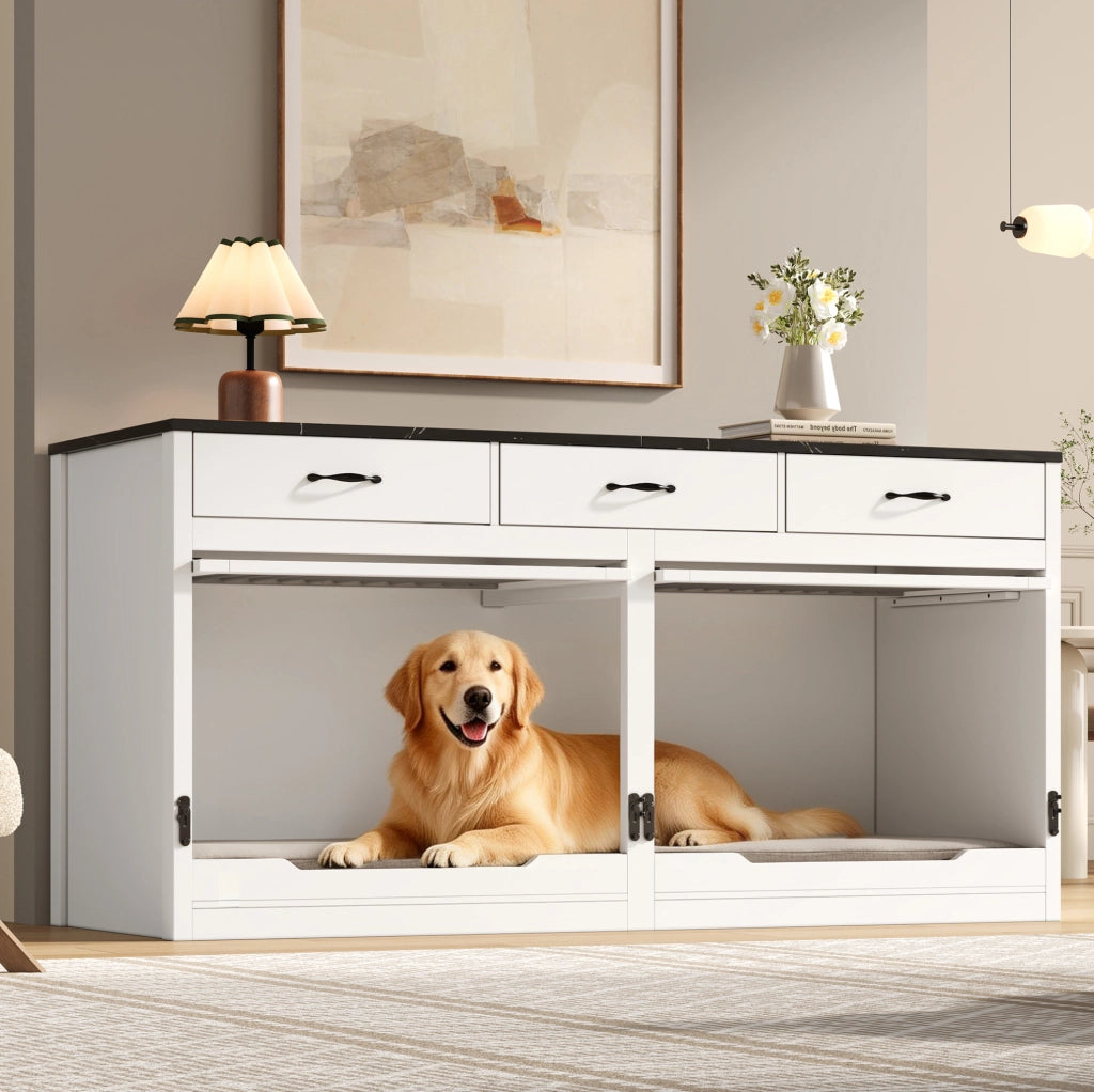 Gabbia per Cani in Legno e Metallo 164 x 60 x 81 cm con Porta Sollevabile e 3 Cassetti Bianca e Nera