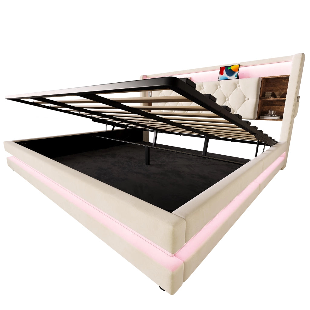 Letto contenitore 180 × 200 cm con testiera multifunzione LED USB e Type-C rivestito in velluto beige