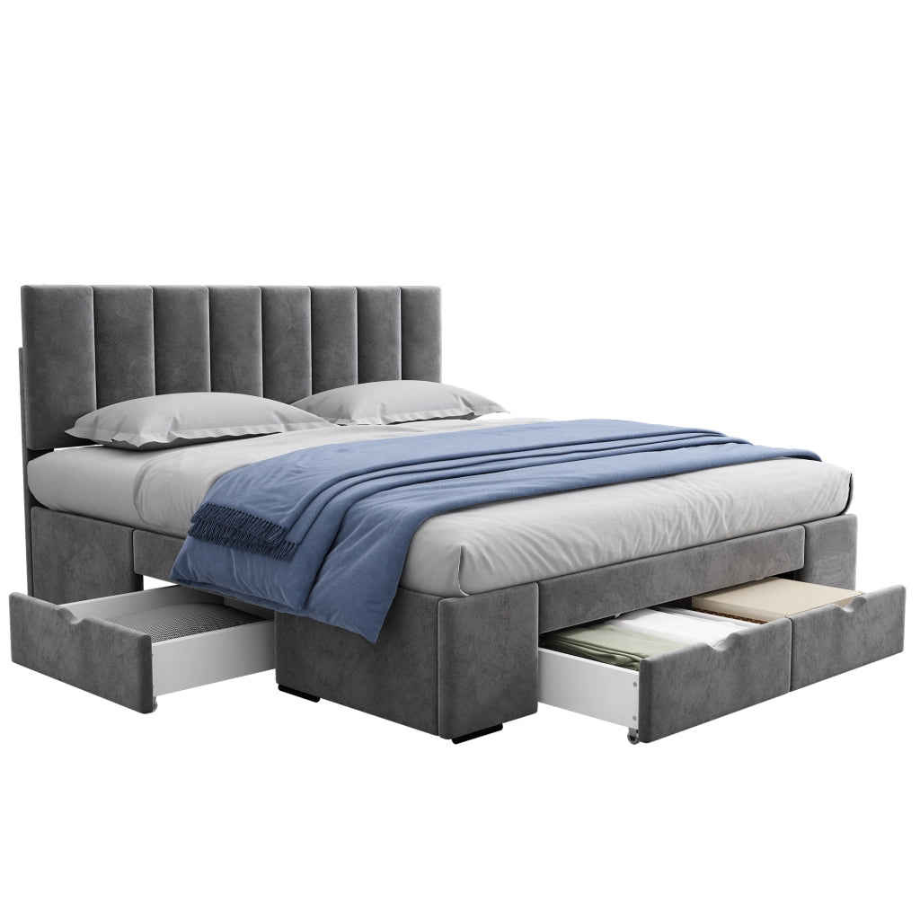 Letto con cassetti 160 × 200 cm con 4 cassetti su ruote testiera imbottita regolabile in velluto grigio