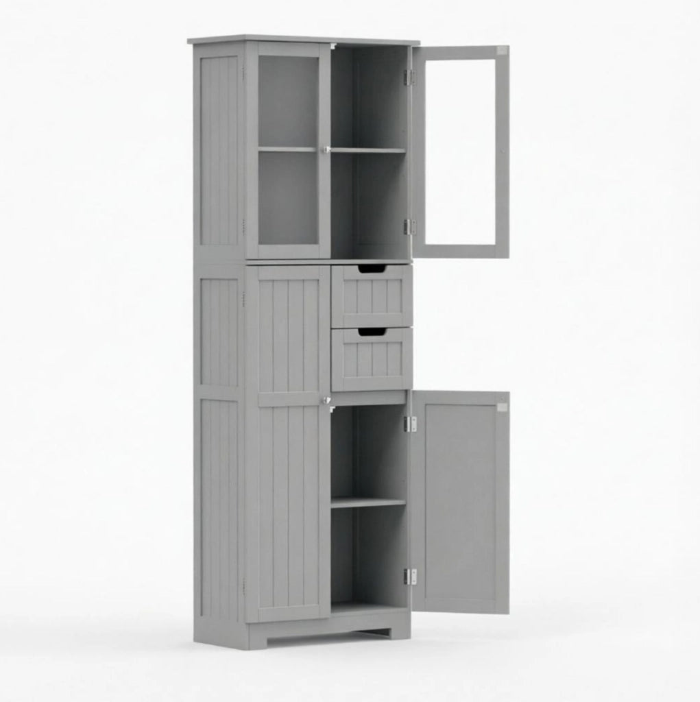 Mobile bagno 60x30x170 cm in MDF grigio, 4 ante e 2 cassetti, stabile –