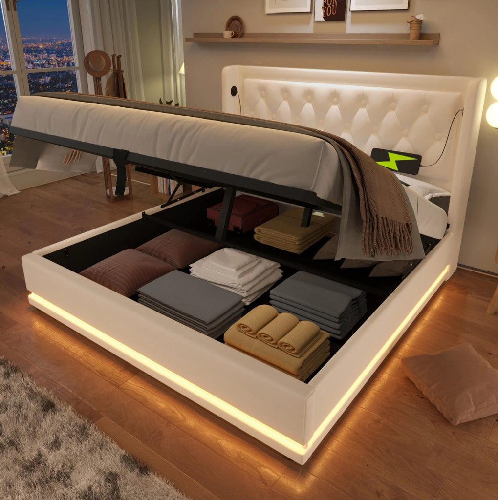 Letto matrimoniale 160x200 cm con contenitore; LED e USB-C; in PU bianco
